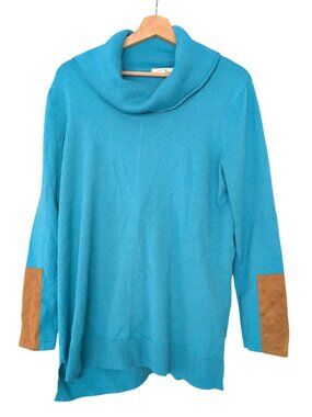 Tyler Boe Womens S Blue Cashmere Blend Cowl Neck Sweater Elbow Patches Tunic